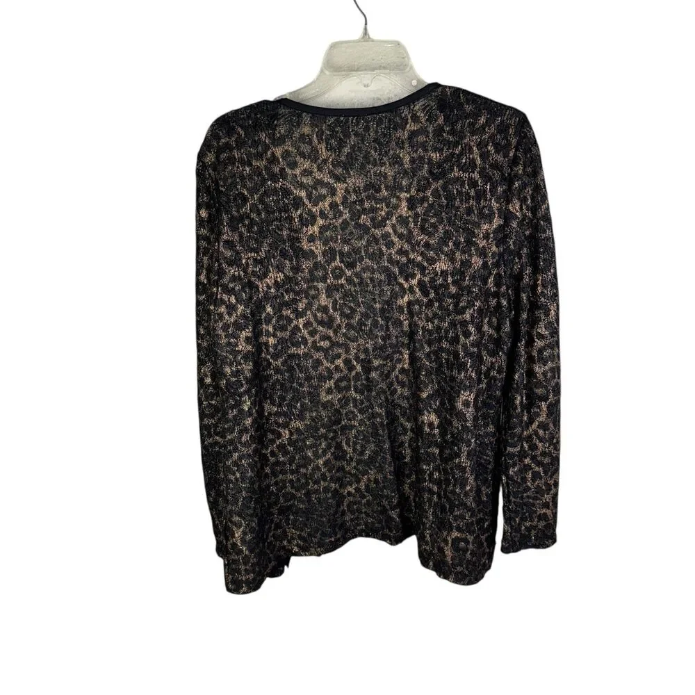 chico's jacquard leopard print lace‎ jacket Size 2 Large Brown Black Open